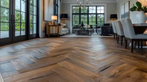 Elegant herringbone wooden flooring in a modern living and dining room with large windows and sophisticated decor.