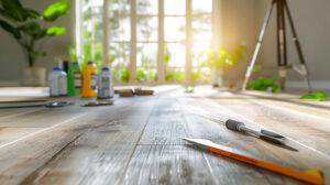 Sunlit workspace with tools, paint bottles, and a tripod on natural wooden flooring near large windows.