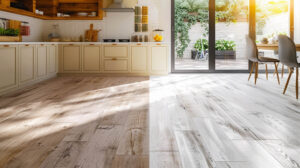 Bright kitchen with wooden cabinets and contrasting rustic and whitewashed wooden flooring, opening to a sunny patio.