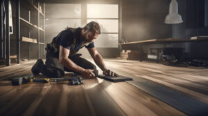 Skilled craftsman installing wooden flooring in a modern workshop with tools and natural lighting.