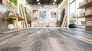 Showroom featuring gray-toned wood flooring, modern decor, and natural light from large windows.