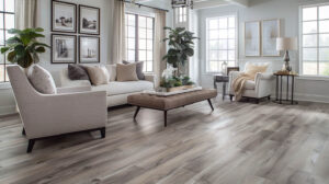 Stylish living room with light gray wood flooring, modern furniture, indoor plants, and large windows.