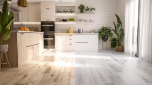 Beautifully polished wooden floor in a modern living room with minimalist decor, large windows, and natural light.