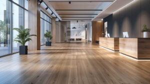 Rustic wooden flooring in a stylish dining area with modern furniture and natural light streaming through windows.