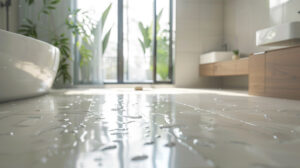 Modern bathroom with water droplets on glossy tiles, natural light from large windows, and wooden cabinetry.
