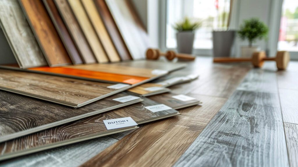 Close-up of various wood flooring samples displayed on the floor in a showroom, with labels and vibrant natural light.