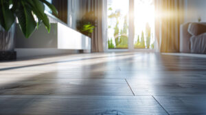 Sunlight streaming through glass doors onto polished wooden flooring in a modern interior with plants.