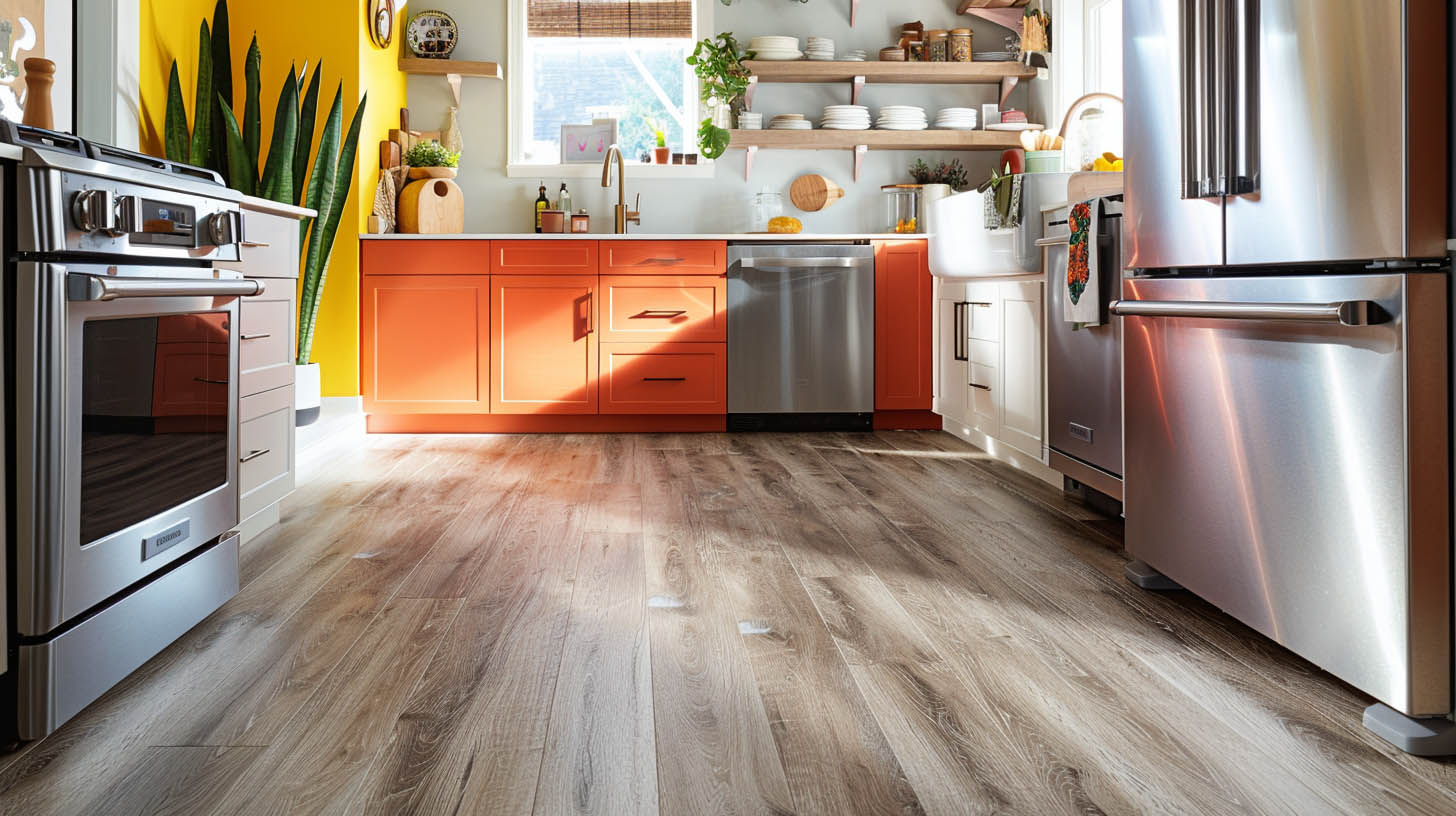 Vibrant kitchen with orange cabinets, yellow accent wall, stainless steel appliances, open shelving, and wood flooring.