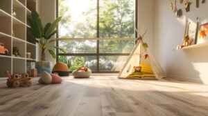 Bright playroom with hardwood flooring, a small teepee, toys, and large windows overlooking a lush garden.