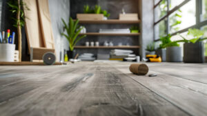 Cozy workspace with wooden flooring, potted plants, bookshelves, and scattered art supplies in natural light.