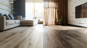 Modern living room with light and dark decor themes, featuring hardwood flooring, a sectional sofa, and large windows with flowing curtains.