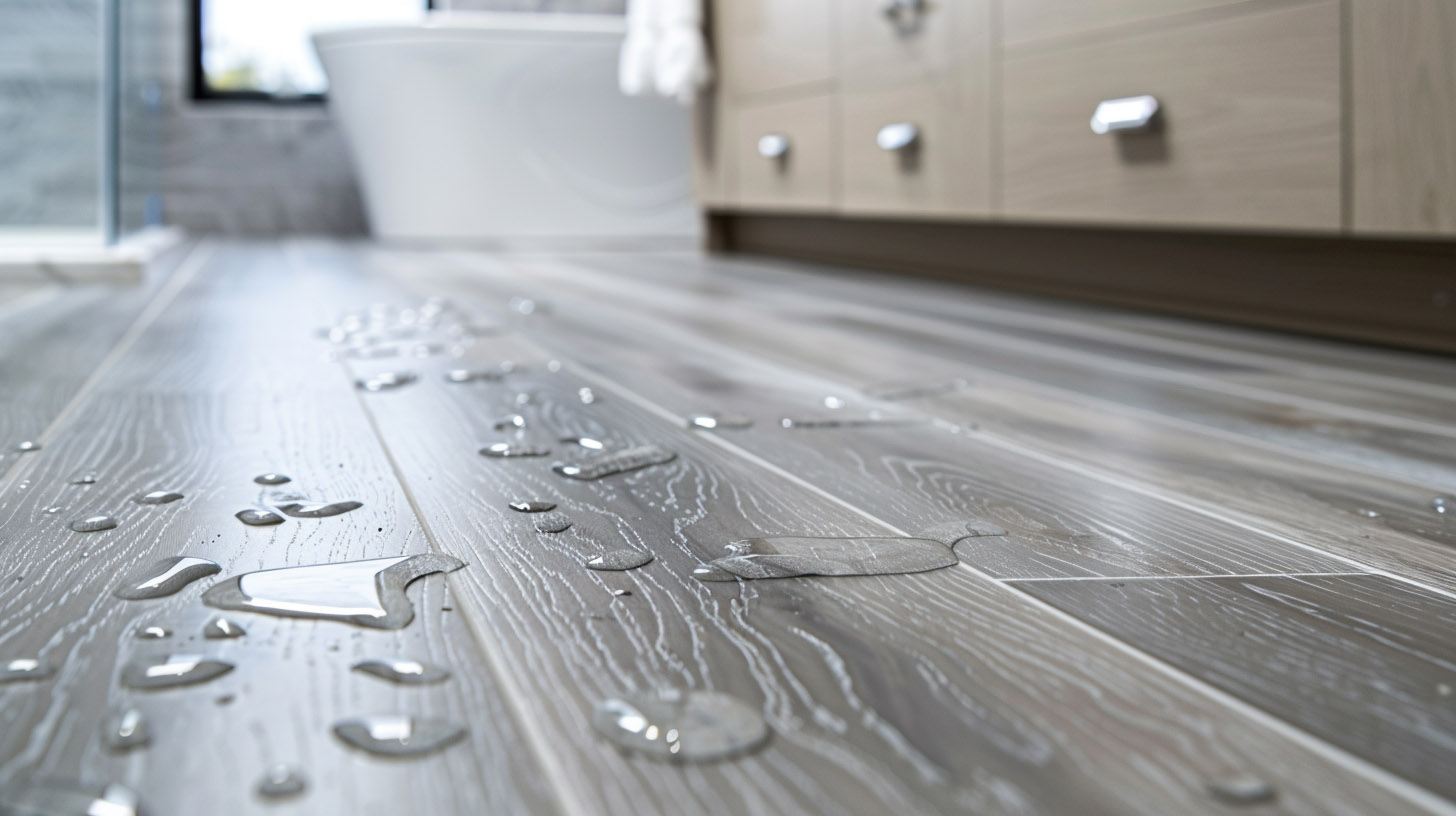 Bathroom with water-resistant wood-look flooring, water droplets, modern vanity, and a freestanding bathtub in soft lighting.