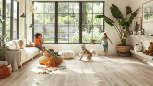 Bright living room with large windows, light wood flooring, children playing, a dog, and cozy furniture surrounded by greenery.