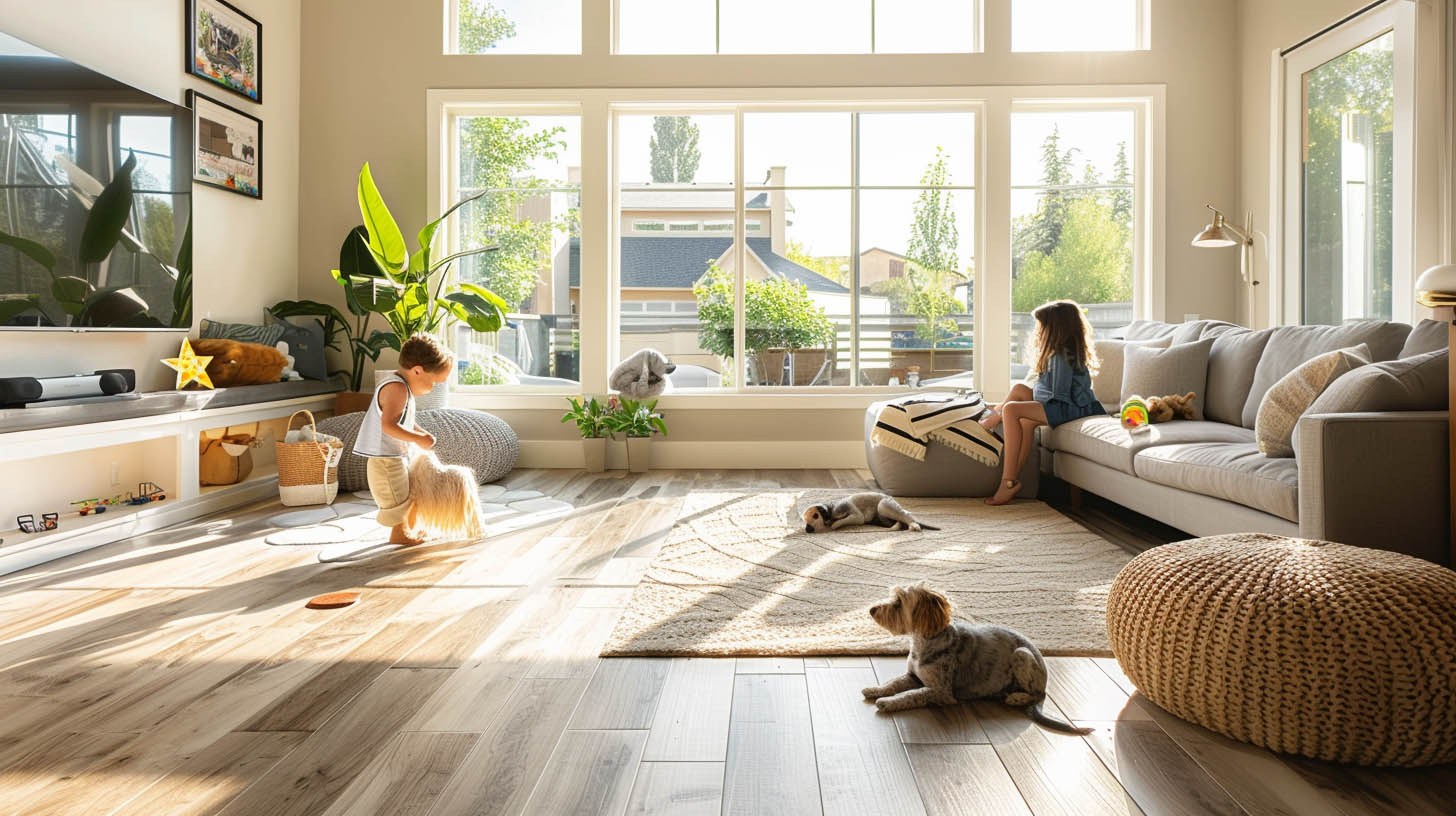 Bright family living room with natural wood flooring, large windows, children playing, and dogs relaxing.