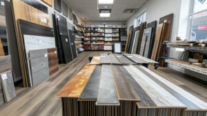 Flooring showroom with various wood and tile samples on display, featuring laminate, vinyl, and hardwood options in a bright, organized space.