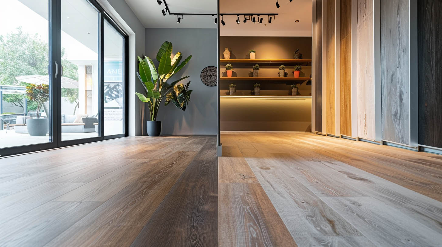 Flooring showroom featuring a variety of wood plank samples, modern lighting, large glass doors, and indoor plants.