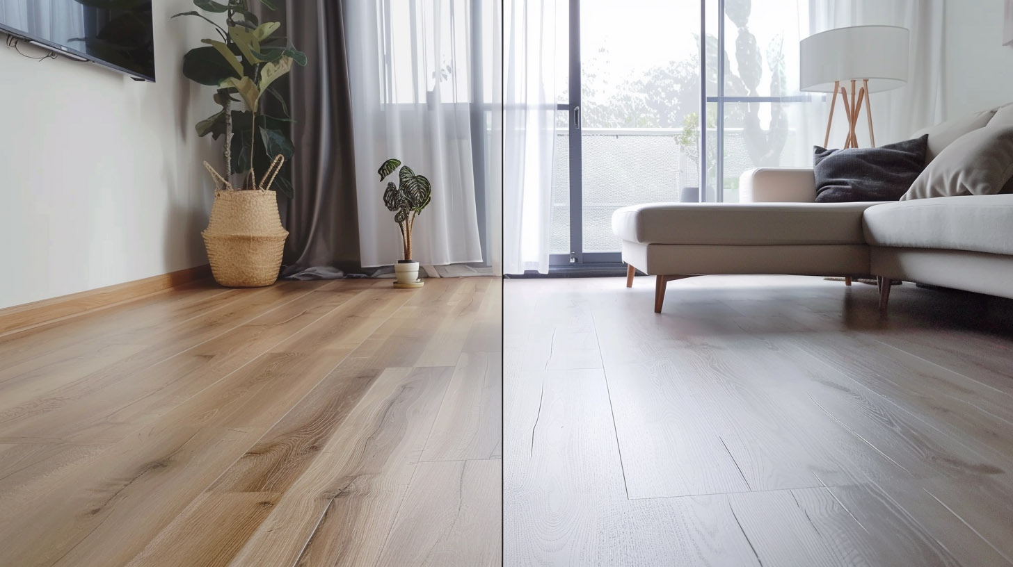 Side-by-side comparison of light wood flooring in a modern living room with indoor plants, sheer curtains, and minimalist furniture.