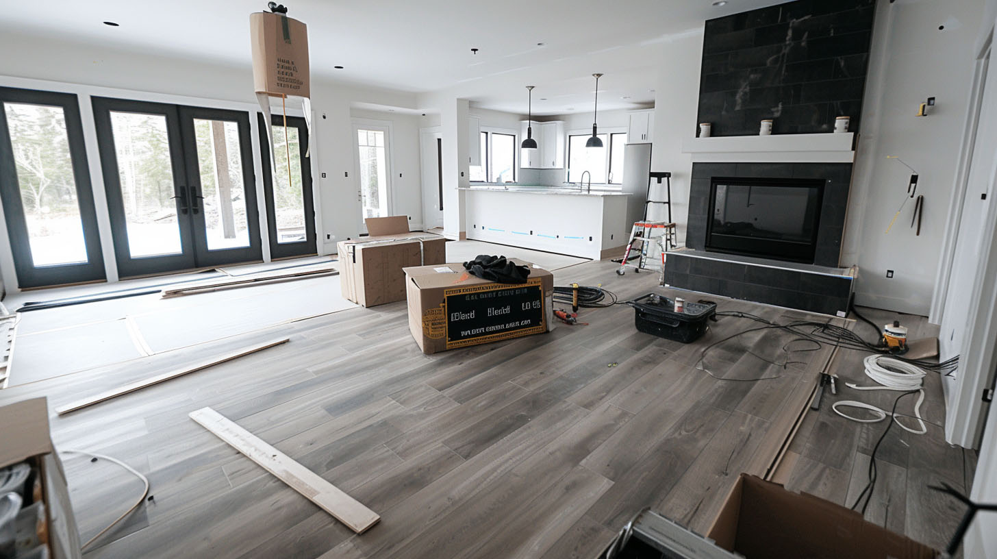 Modern home interior under construction with dark wood flooring, black fireplace, and white kitchen in the background.