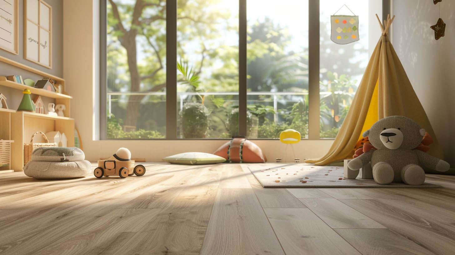 Playful children's room with wooden flooring, toys, a yellow teepee, large windows, and natural light creating a warm atmosphere.