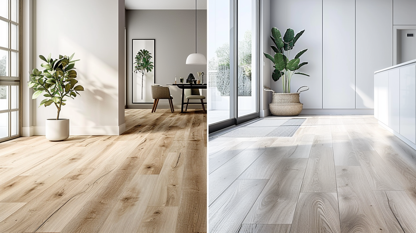 Side-by-side comparison of light wood flooring in two modern interiors, featuring minimalist decor, large potted plants, and ample natural light.