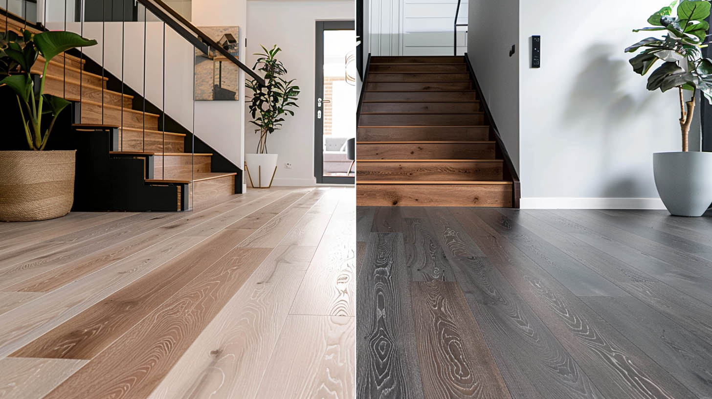 Side-by-side comparison of light and dark wood flooring in modern staircases with minimalist decor and indoor plants.