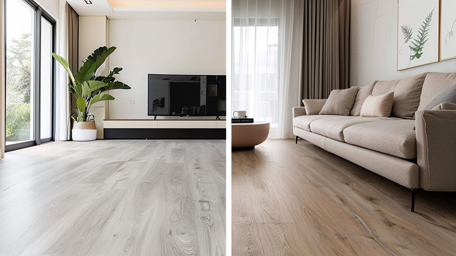 Two modern living room designs showcasing light wood flooring, minimalistic decor, large windows, and cozy furniture.