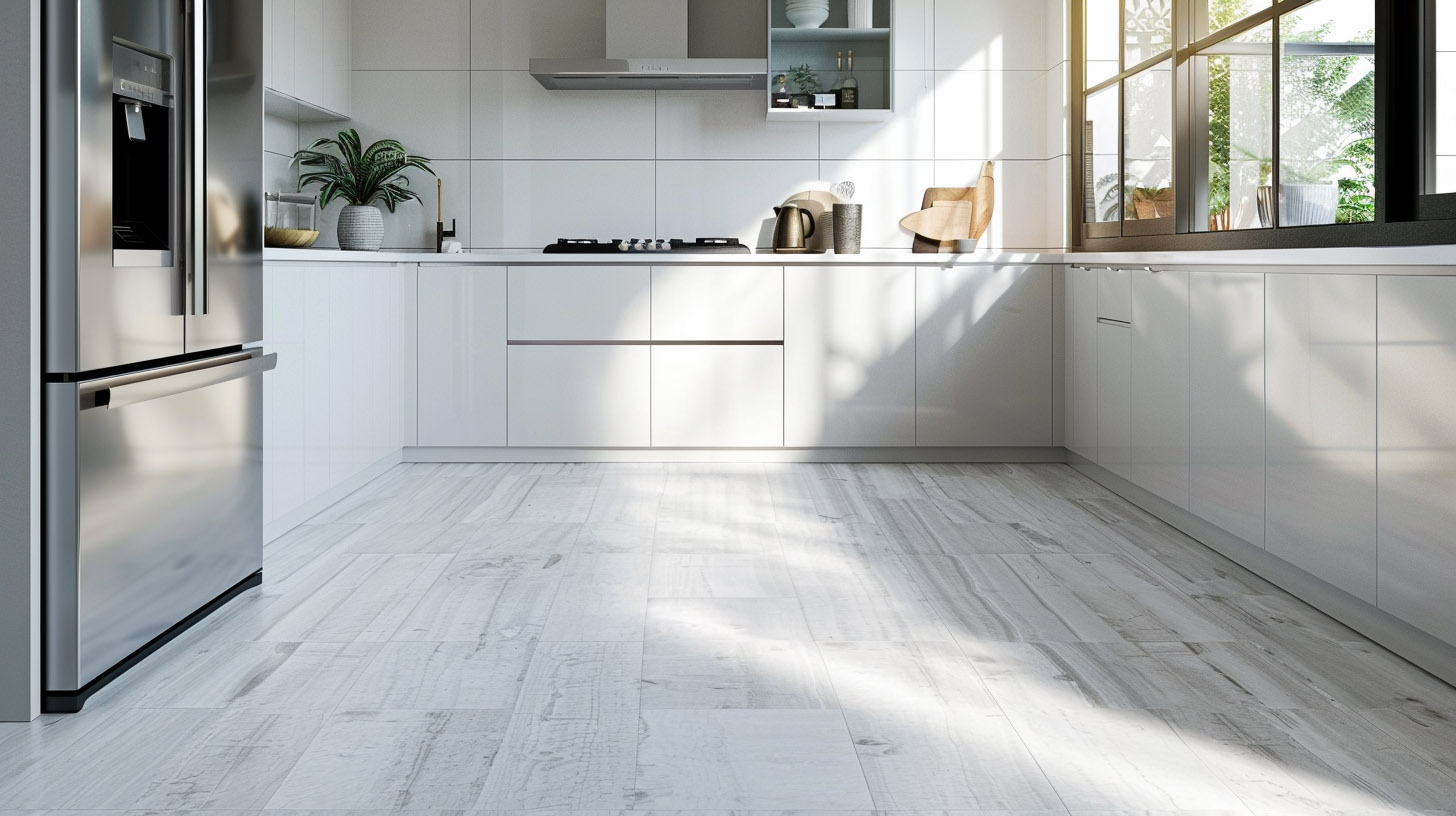 Bright minimalist kitchen with white cabinets, stainless steel appliances, large windows, and light gray wood-look flooring.