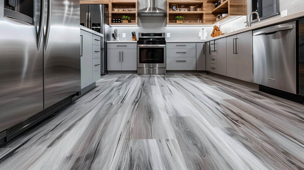 Cucina moderna con elettrodomestici in acciaio inox, armadietti grigi e pavimento in legno con motivi di marmo lucido.