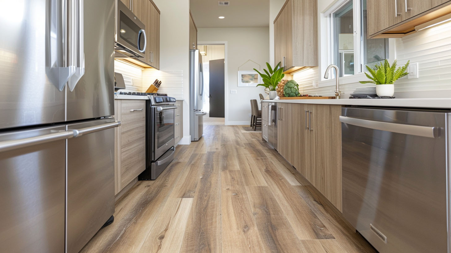 Bright kitchen with stainless steel appliances, light wood cabinets, wide plank wood flooring, and modern decor.