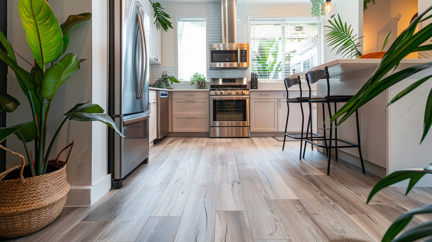 Modern kitchen with light wood flooring, stainless steel appliances, bar stools, and lush green indoor plants.