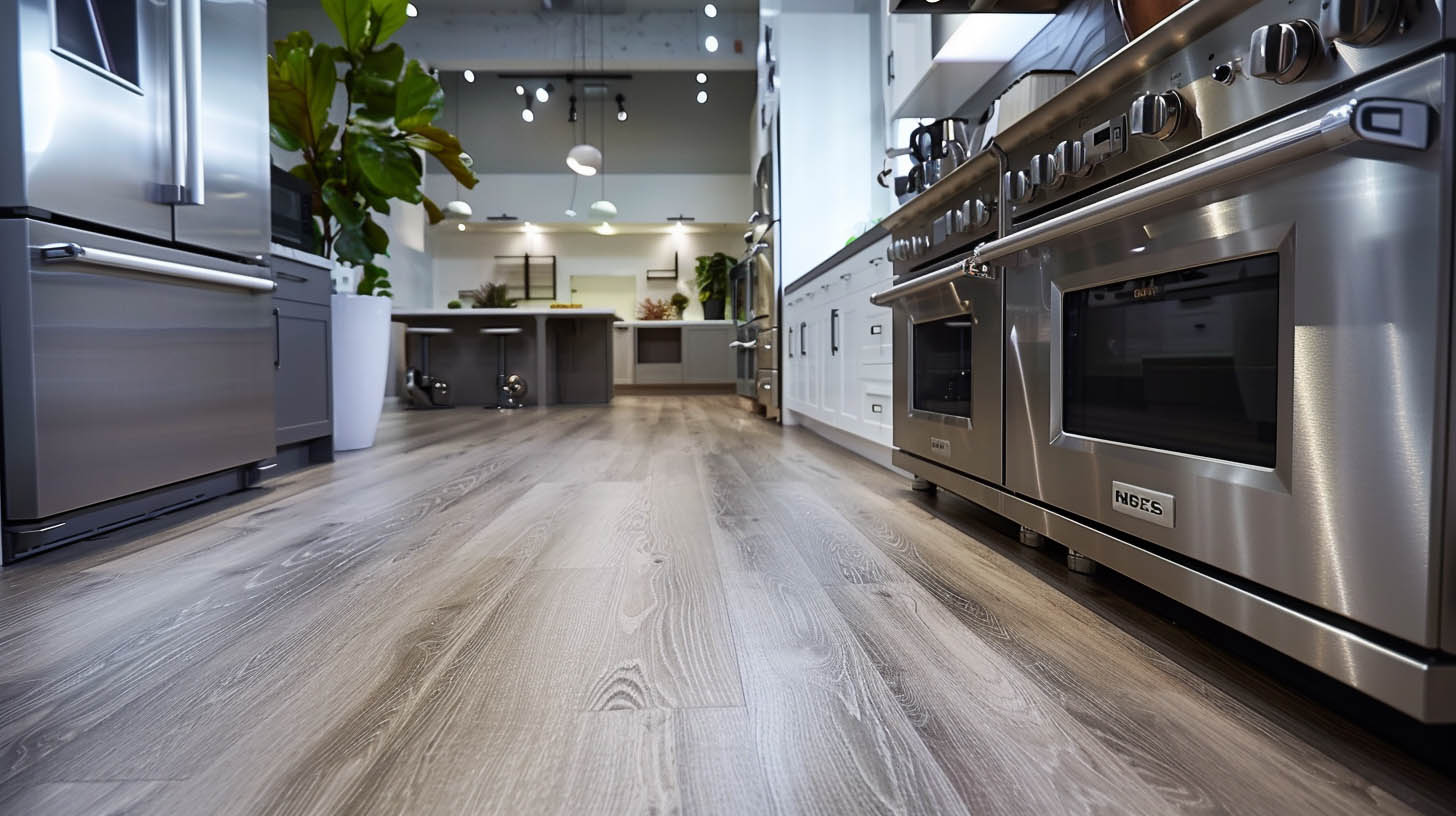 Modern kitchen with stainless steel appliances, wide plank wood flooring, sleek white cabinets, and contemporary lighting.