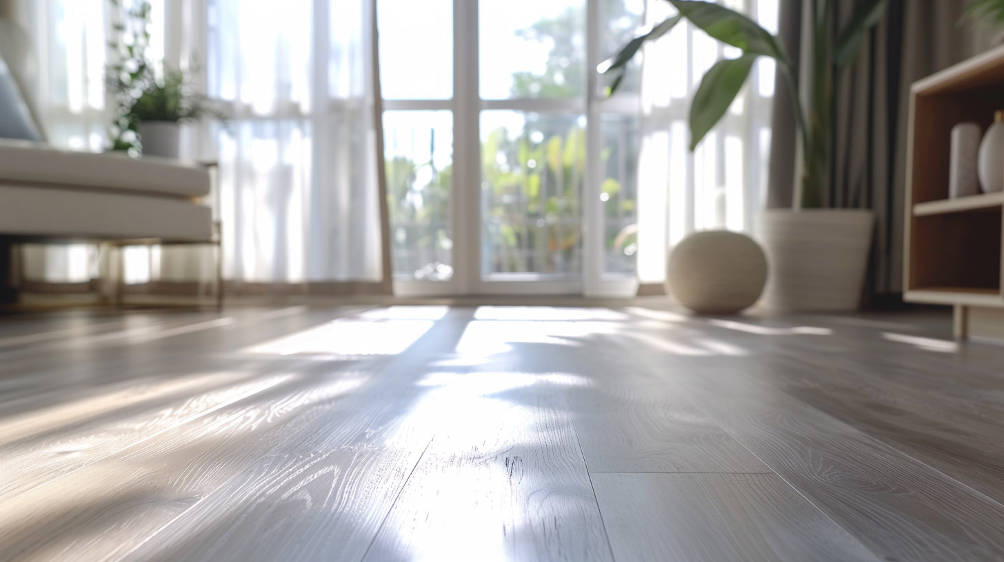 Bright living space with natural wood flooring, large windows, sheer curtains, indoor plants, and minimalist decor.