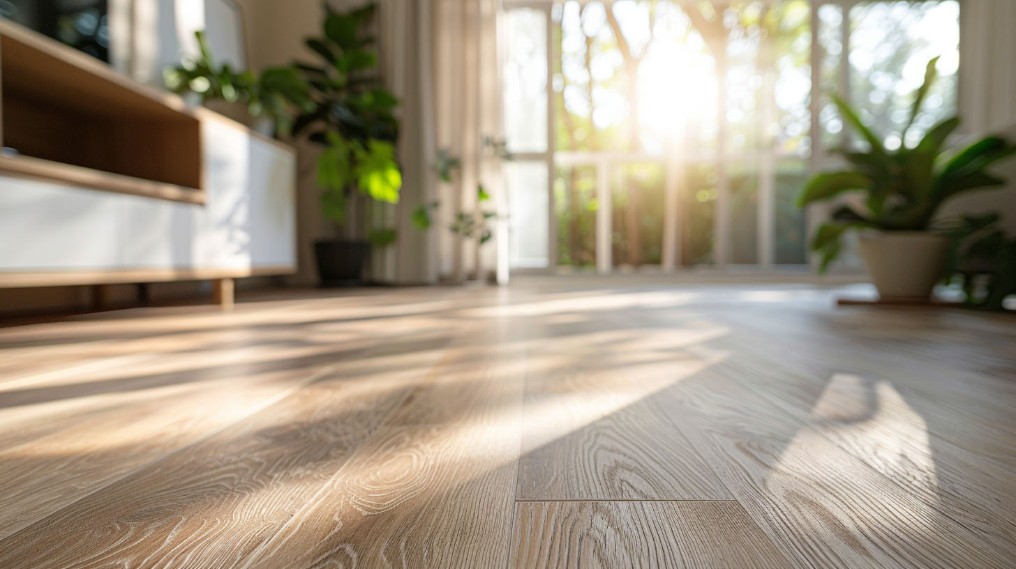 Sunlit living room with wooden flooring, large windows, and green indoor plants.