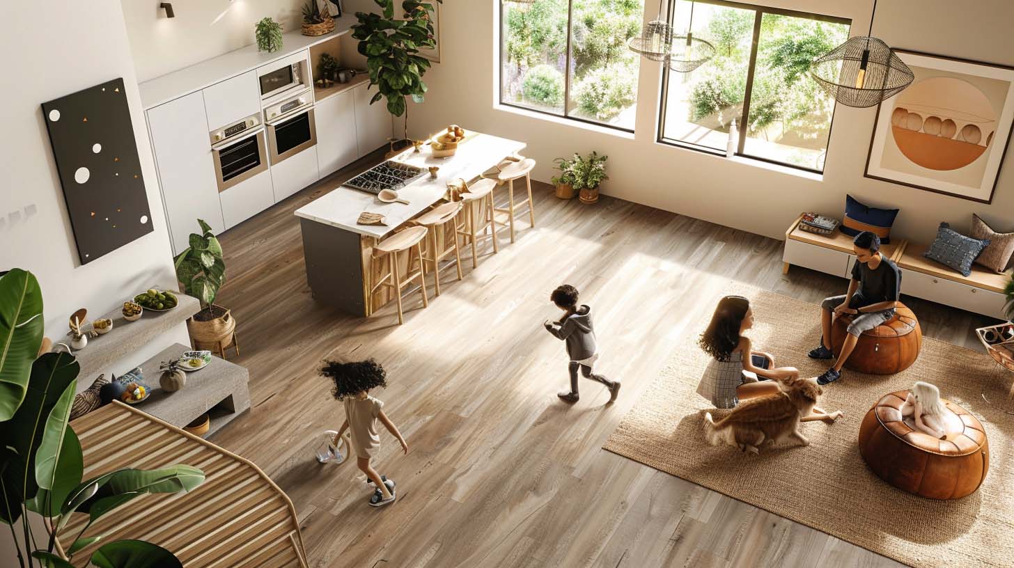 Spacious open-concept kitchen and living area with wooden flooring, natural light, modern decor, and children playing with a dog.