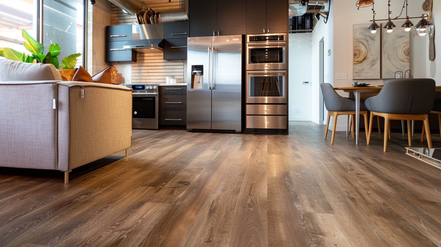 Modern open-plan kitchen and living area with dark cabinets, stainless steel appliances, wooden flooring, and contemporary furniture.