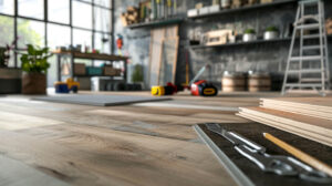 Workshop with wooden flooring, scattered tools, and shelves holding various supplies under large industrial windows.