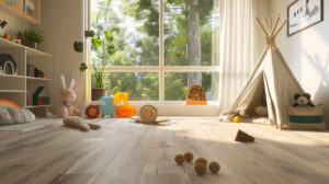 Bright children's playroom with wooden flooring, toys, a small teepee, and large windows letting in natural sunlight.