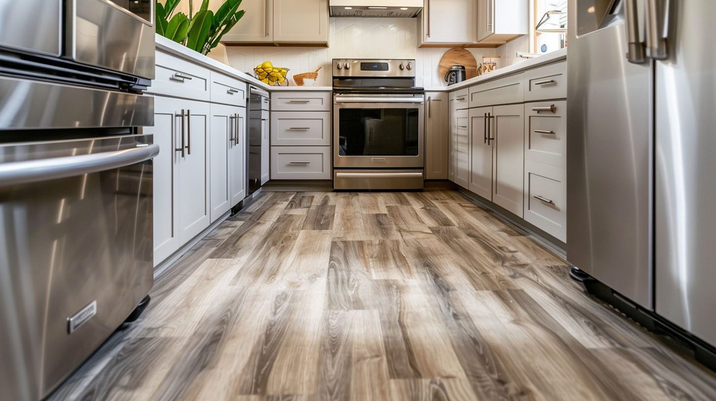 Modern kitchen with stainless steel appliances, white cabinetry, and rustic wood flooring.