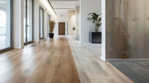 Modern hallway with light wooden flooring, large windows, and potted plants creating a minimalist aesthetic.