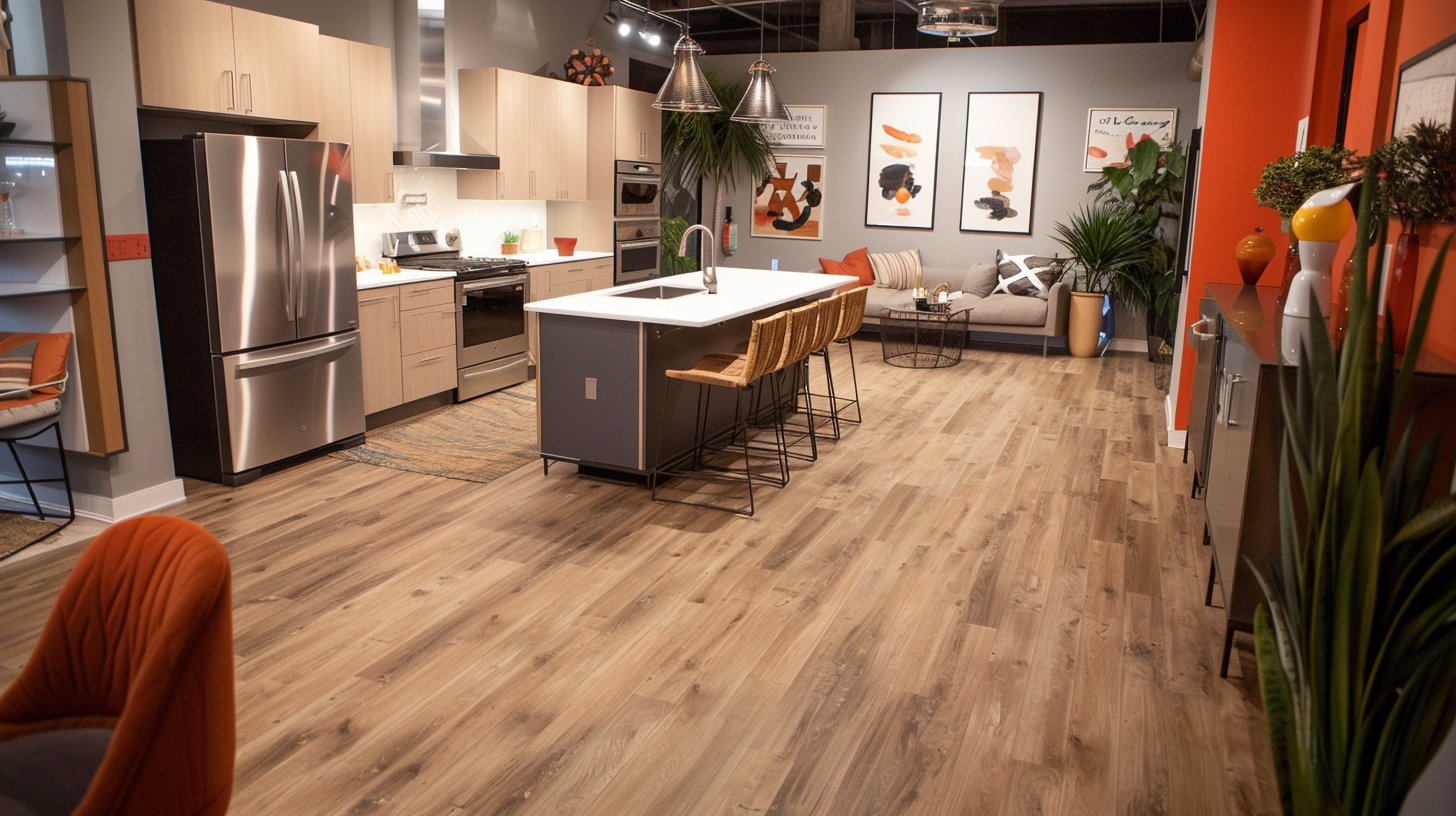 Modern kitchen with light wood flooring, stainless steel appliances, a white island with barstools, and vibrant orange accents.