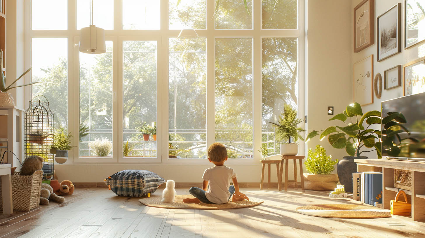 Bright living room with large windows, wooden flooring, indoor plants, cozy decor, and a child sitting on a rug in natural sunlight.