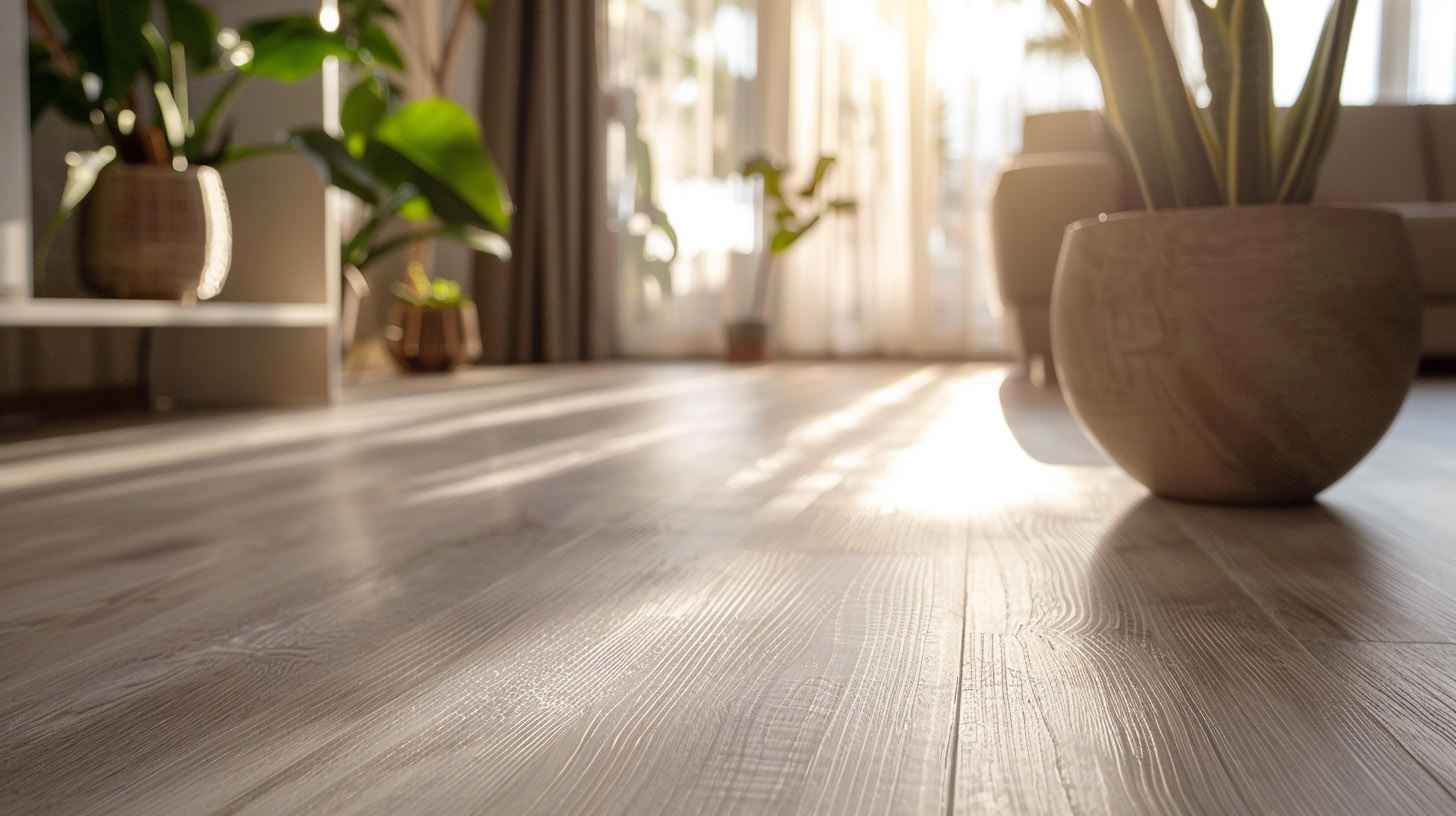 Bright living room with sunlight highlighting light wood flooring and decorative plants in ceramic pots.