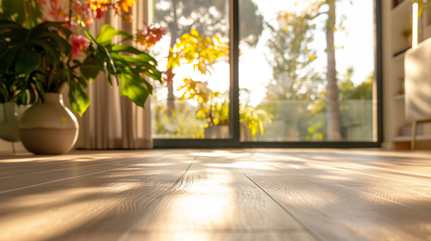 Bright room with wooden flooring, large glass doors, and vibrant indoor plants basking in natural sunlight.