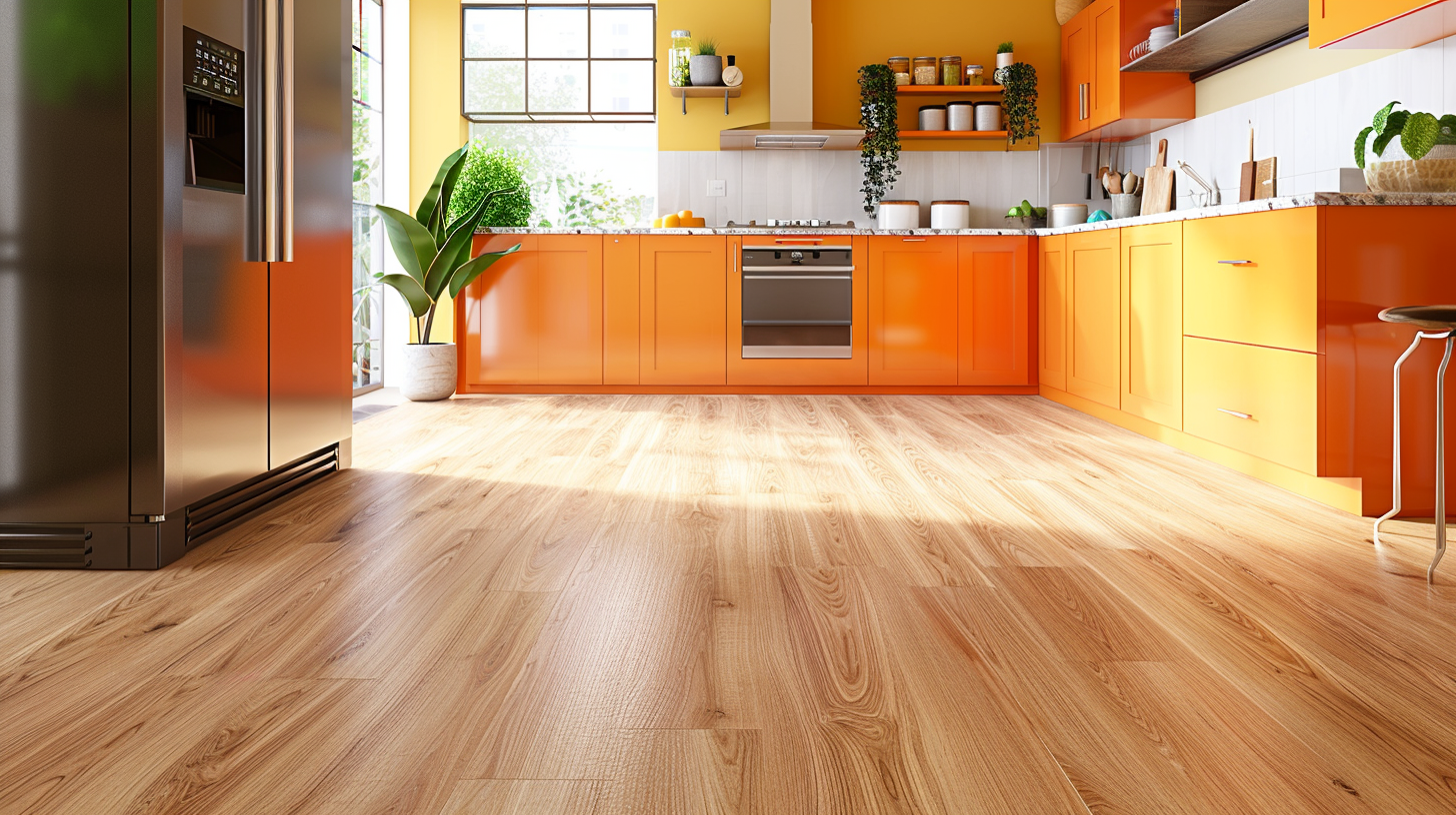 Bright kitchen with orange cabinets, stainless steel appliances, and light wood flooring illuminated by natural sunlight.