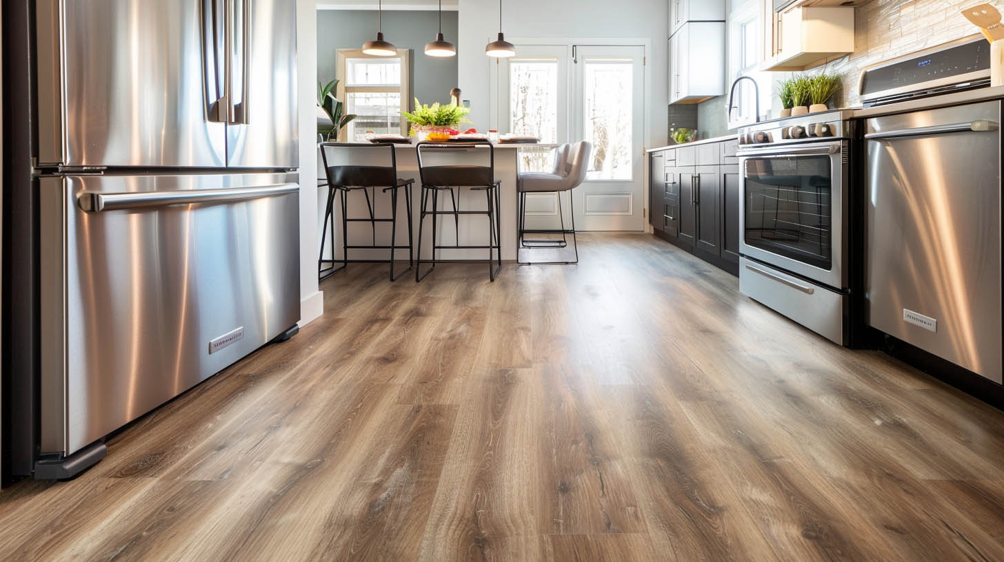 Modern kitchen with stainless steel appliances, an island with bar seating, and warm wood flooring in a well-lit space.