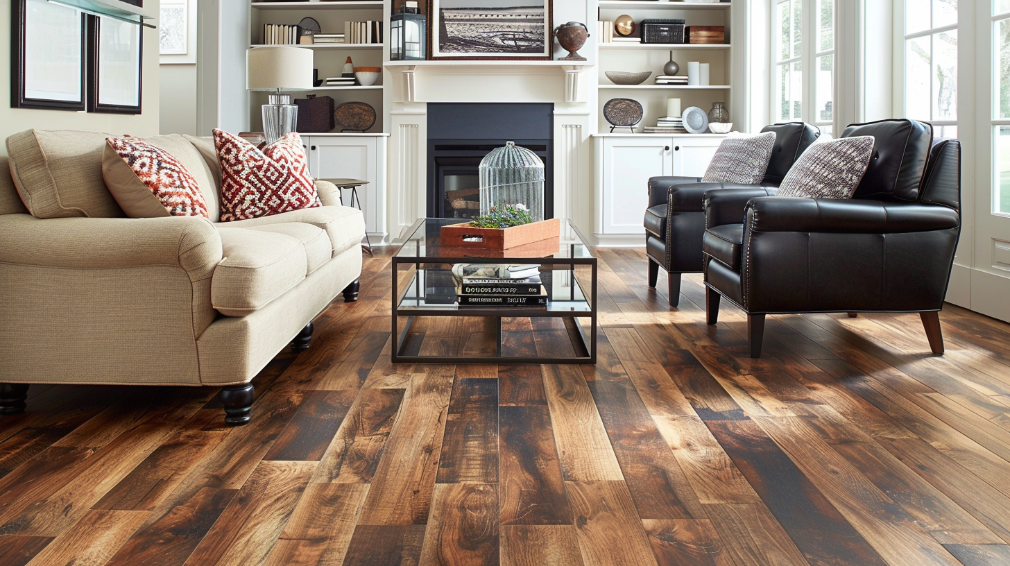 Cozy living room with a beige sofa, black leather chairs, glass coffee table, and rich dark wood flooring.