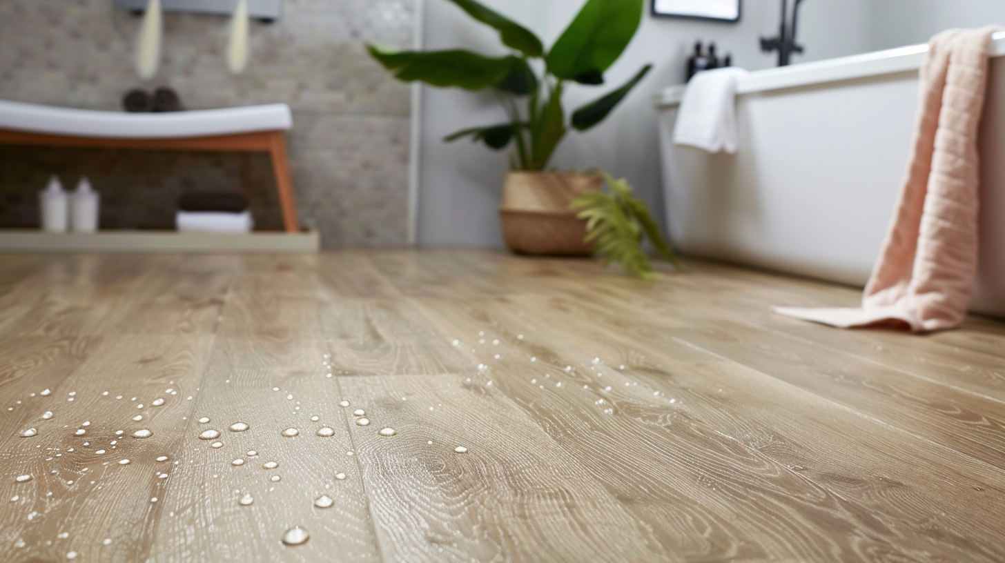 Water-resistant wood flooring in a modern bathroom with scattered water droplets and cozy decor.