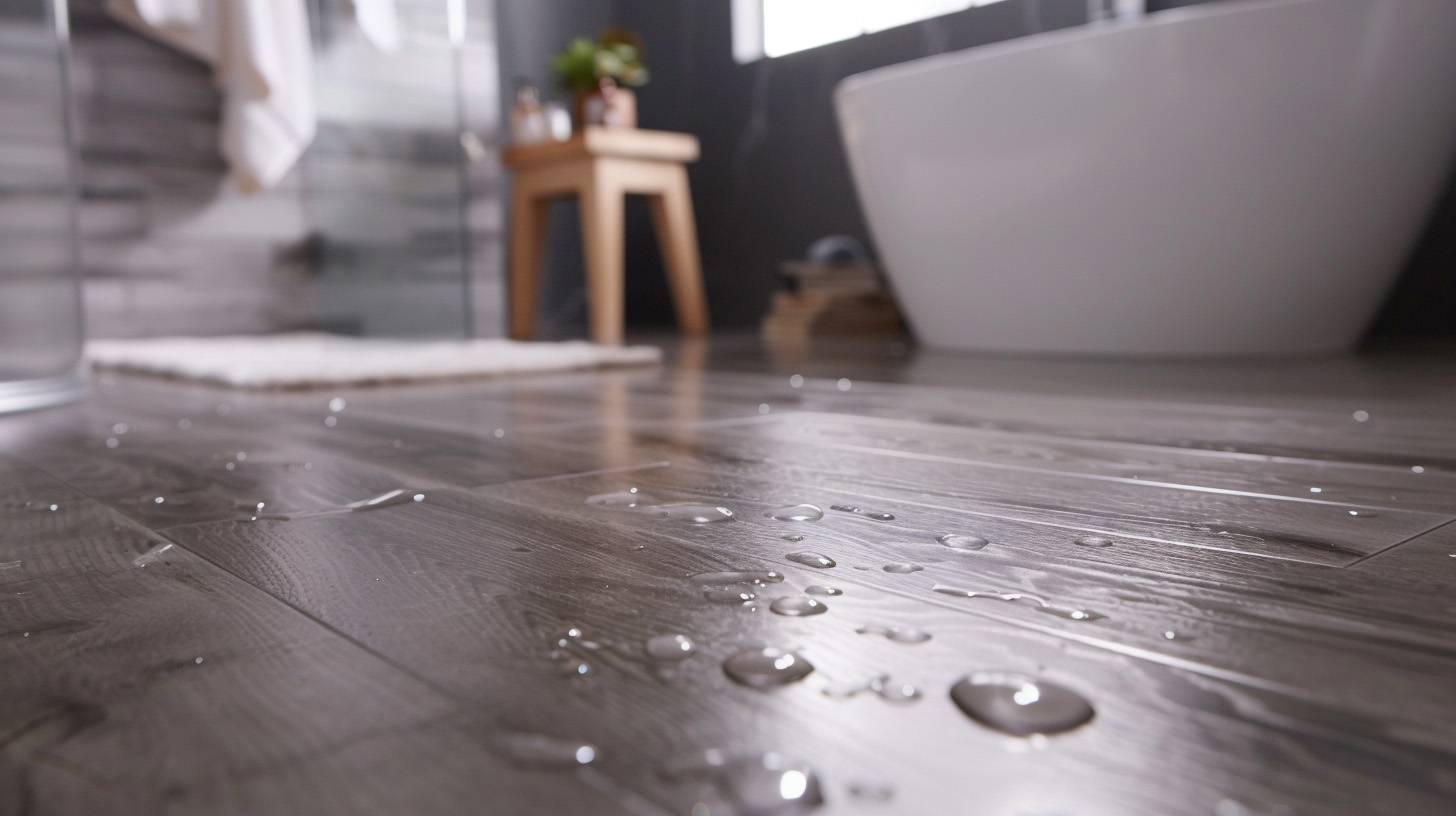 Bathroom floor with water droplets, dark wood-style flooring, white bathtub, and a wooden stool in the background.