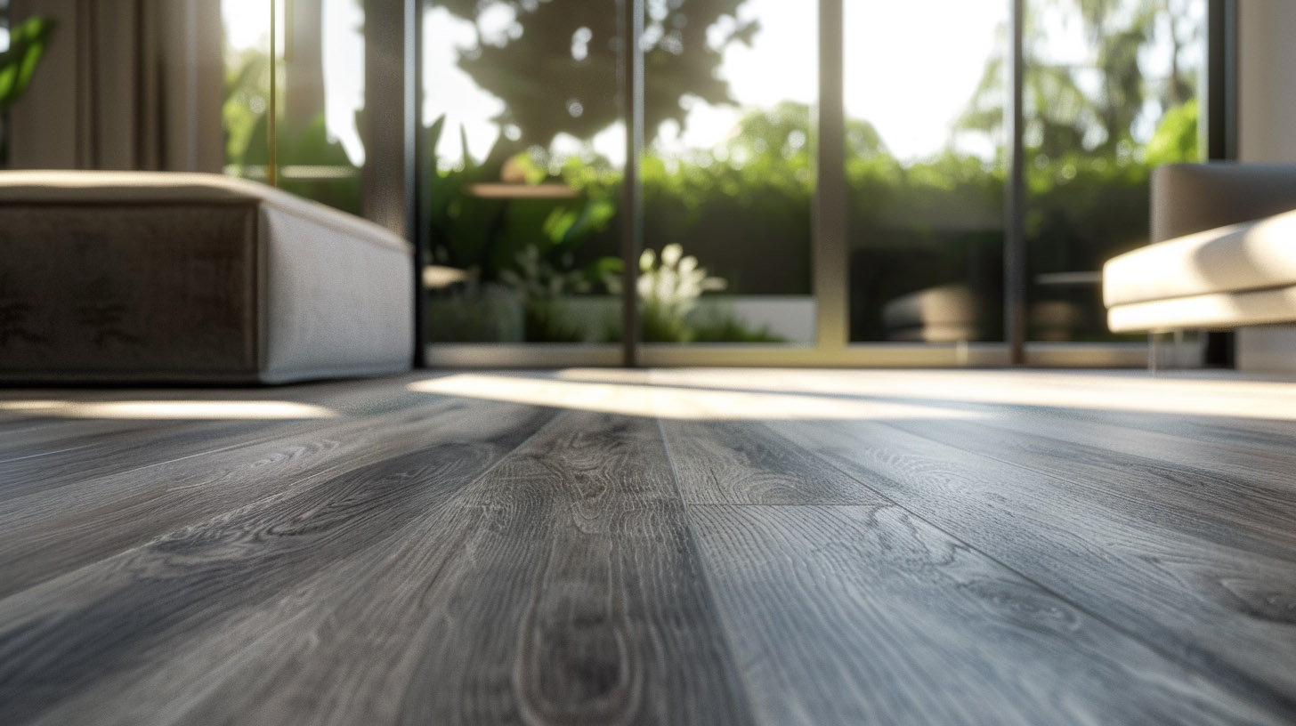 Modern living room with dark wood flooring, large glass doors, lush greenery outside, and sunlight streaming in.