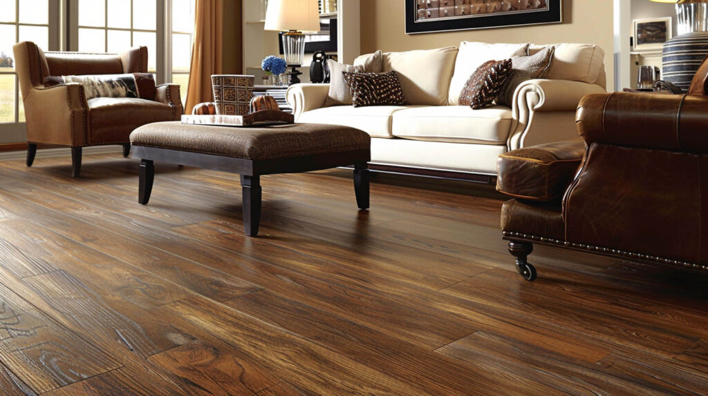 Cozy living room with rich dark hardwood flooring, a cream sofa, leather chairs, and a matching upholstered ottoman.